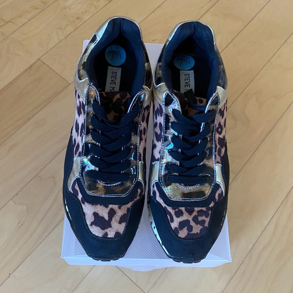 Steve Madden Black/Tan/Gold Leopard Chunky Platform Sneakers 7 1/2 - Picture 2 of 11